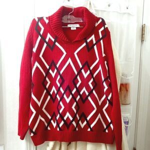 Liz Claiborne Petite Large PL Red with Diamond Designs Collared Pullover Sweater